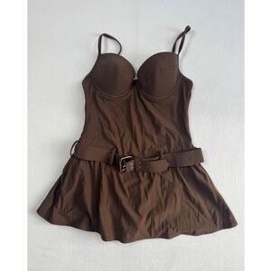 Retro Belted Shape Fx Swim Dress One Piece Women Size 10 Brown 54085